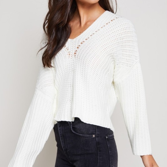 Small Ivory Lush V Neck Lace Up Back Long Sleeve Sweater - Picture 10 of 10